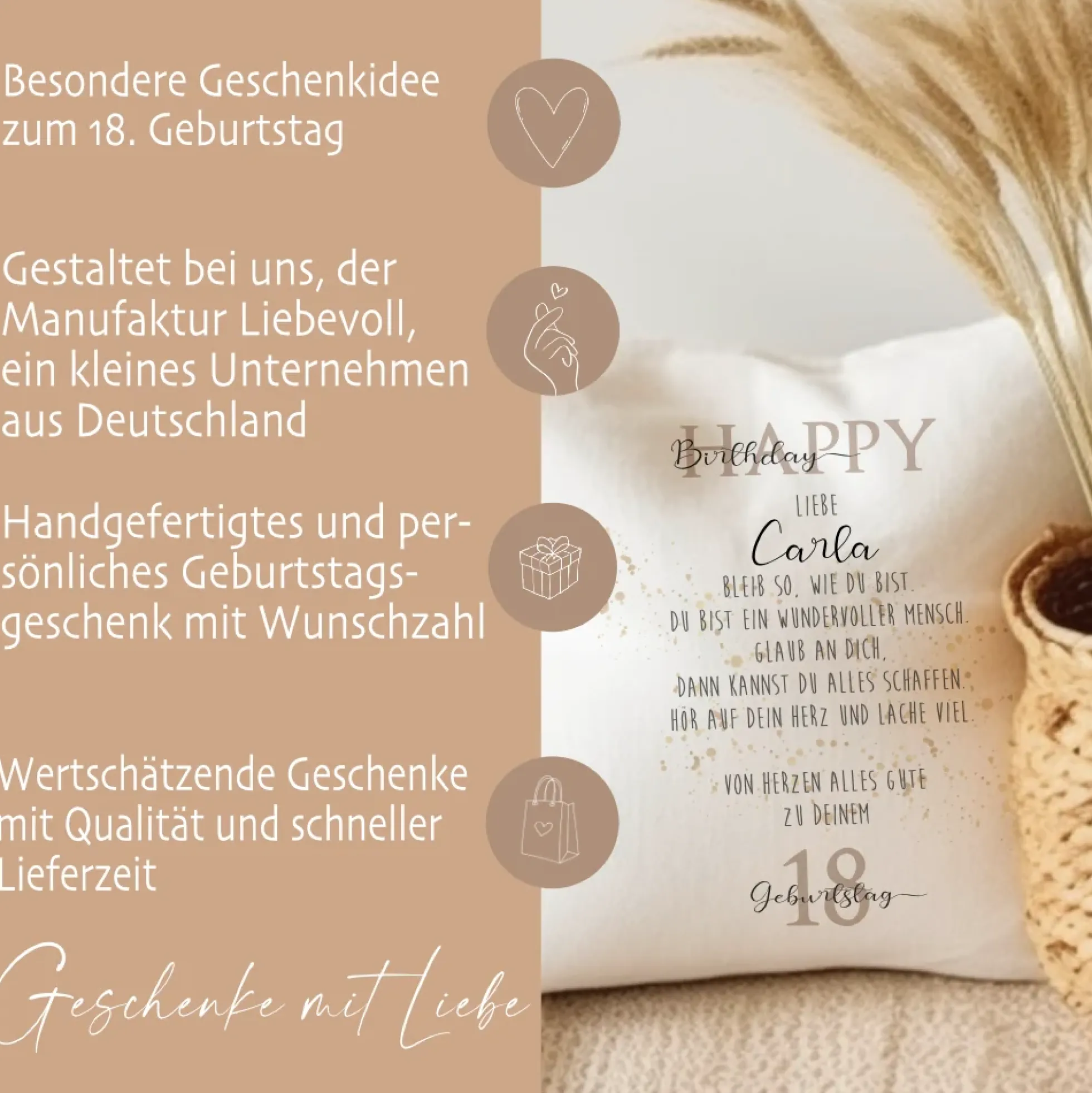 Kissen zum Geburtstag "Happy Birthday" | Personalisiertes Geschenk mit besonderen Geburtstagswünschen | Geburtstagsgeschenk mit Namen und Wunschzahl