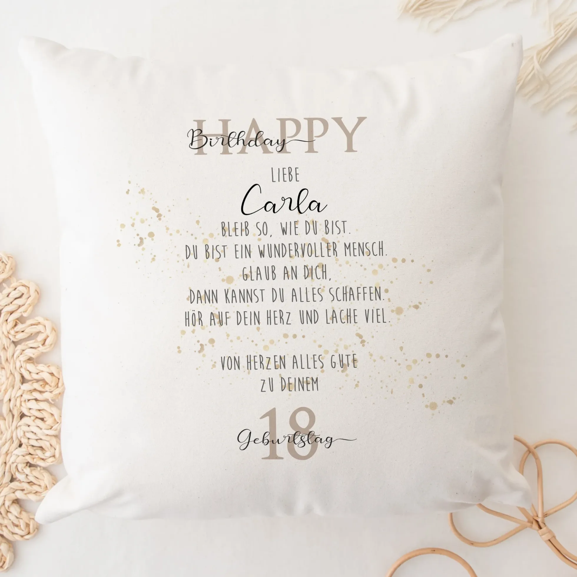 Kissen zum Geburtstag "Happy Birthday" | Personalisiertes Geschenk mit besonderen Geburtstagswünschen | Geburtstagsgeschenk mit Namen und Wunschzahl