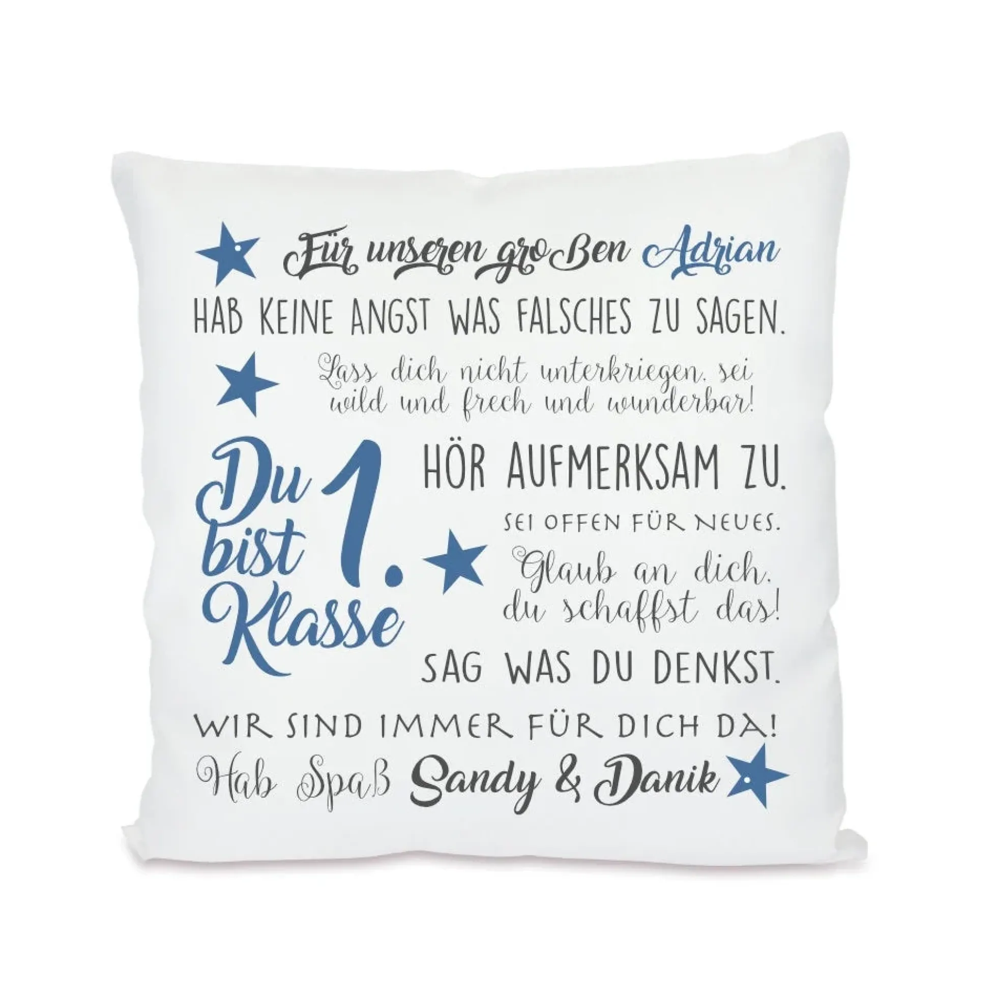 Kissen zum Schulbeginn "Du bist 1. Klasse" | Personalisiertes Geschenk zur Einschulung für Jungen und Mädchen | 4 Varianten zur Auswahl