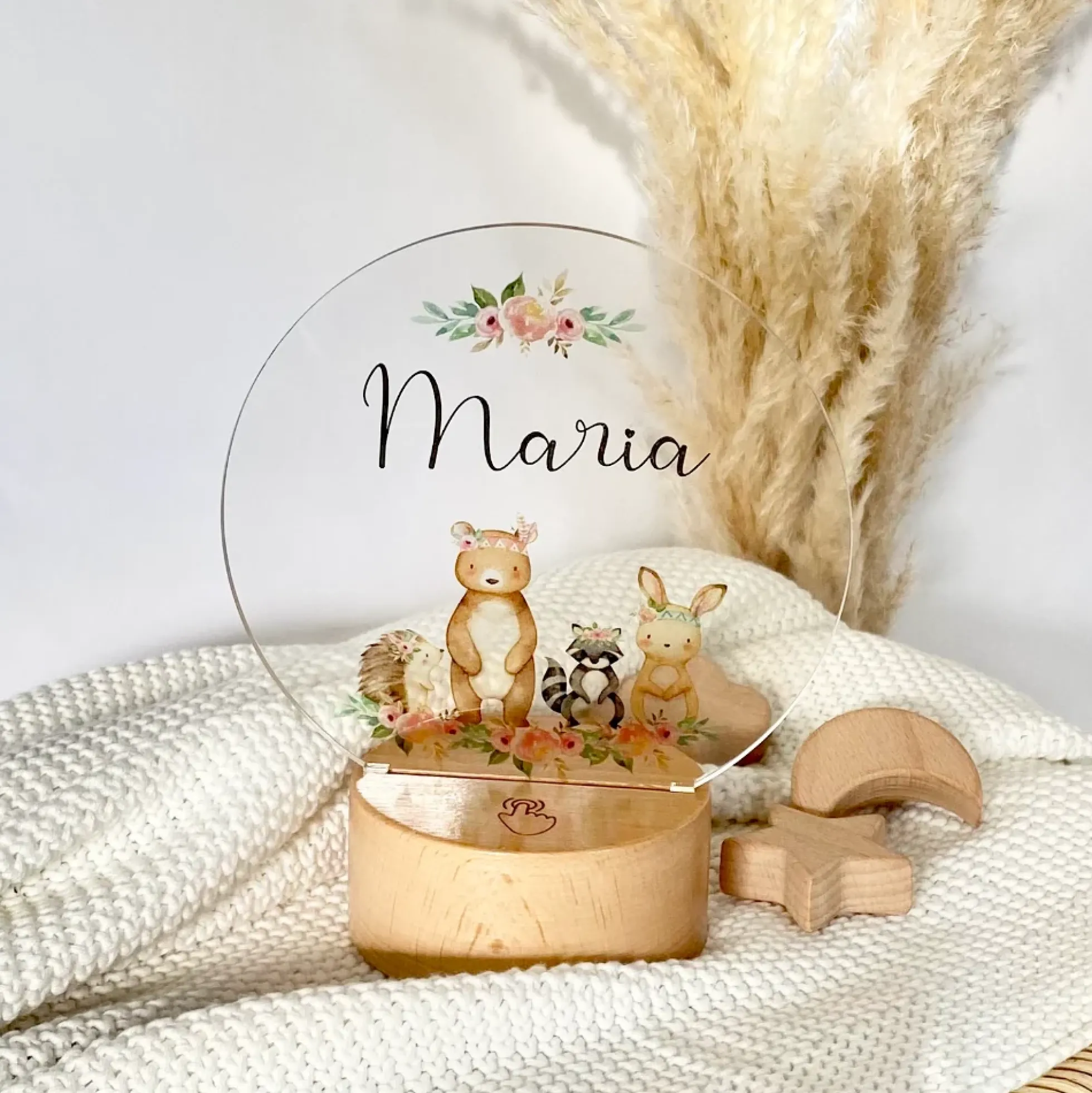 LED Lampe "Boho Tiere" mit Namen des Kindes | Personalisierte Nachttischlampe in Rund aus Holz und Acryl