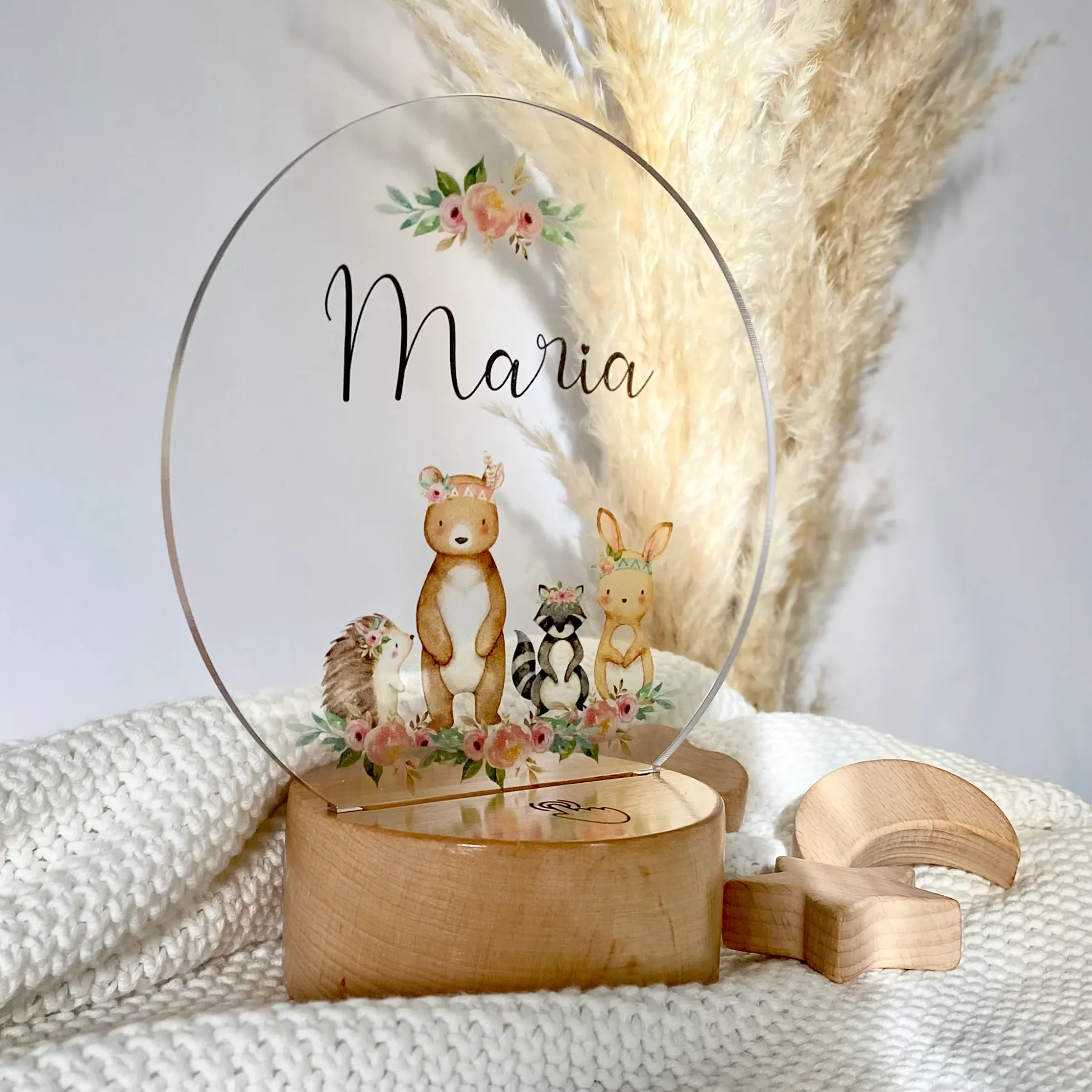 LED Lampe "Boho Tiere" mit Namen des Kindes | Personalisierte Nachttischlampe in Rund aus Holz und Acryl