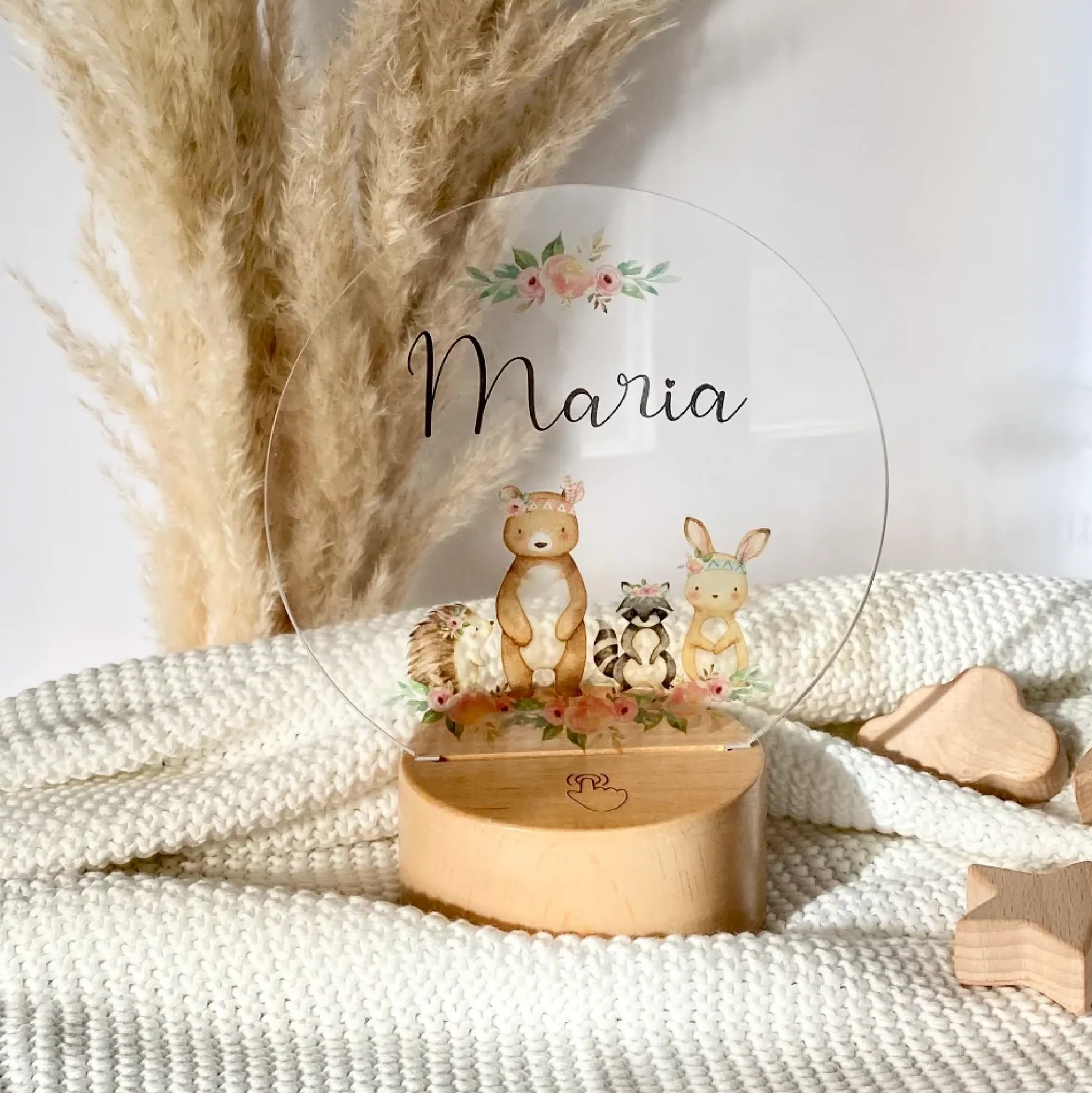 LED Lampe "Boho Tiere" mit Namen des Kindes | Personalisierte Nachttischlampe in Rund aus Holz und Acryl