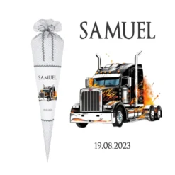 LKW Truck Schultüte für Jungen mit Namen Lastwagen Stoff Zuckertüte Personalisiert Einschulungstüte Datum Füllkissen 70 cm | Optional mit Füllkissen und Spitzenschutz