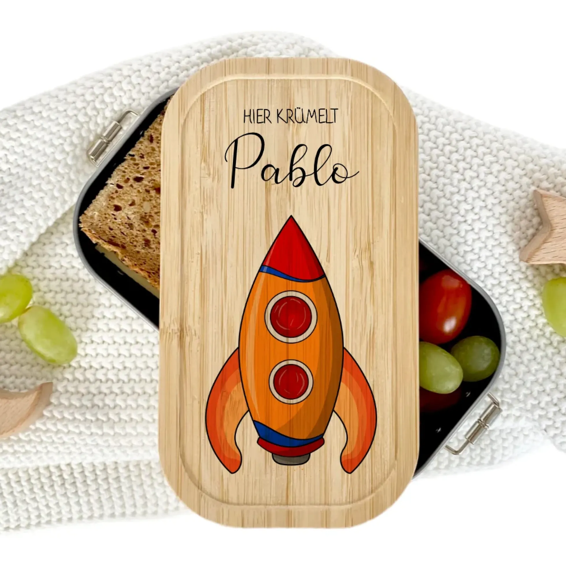 Lunchbox "Rakete" wählbar in Edelstahl mit Bambusdeckel und Namen für Kinder | Brotdose mit Weltall Weltraum Motiv | Personalisiertes Geschenk für Kinder