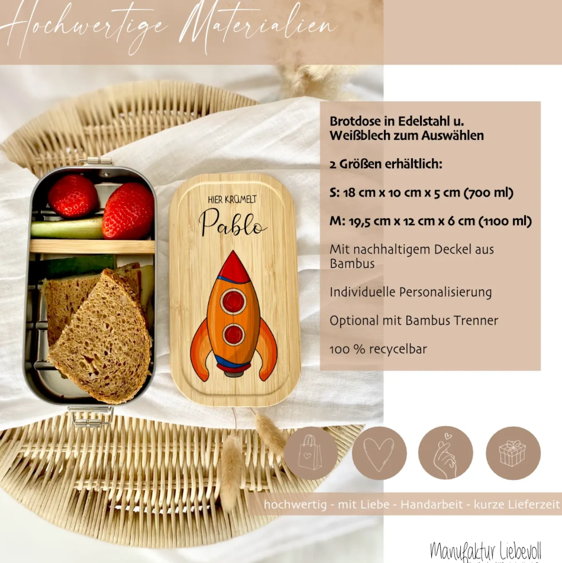 Lunchbox "Rakete" wählbar in Edelstahl mit Bambusdeckel und Namen für Kinder | Brotdose mit Weltall Weltraum Motiv | Personalisiertes Geschenk für Kinder
