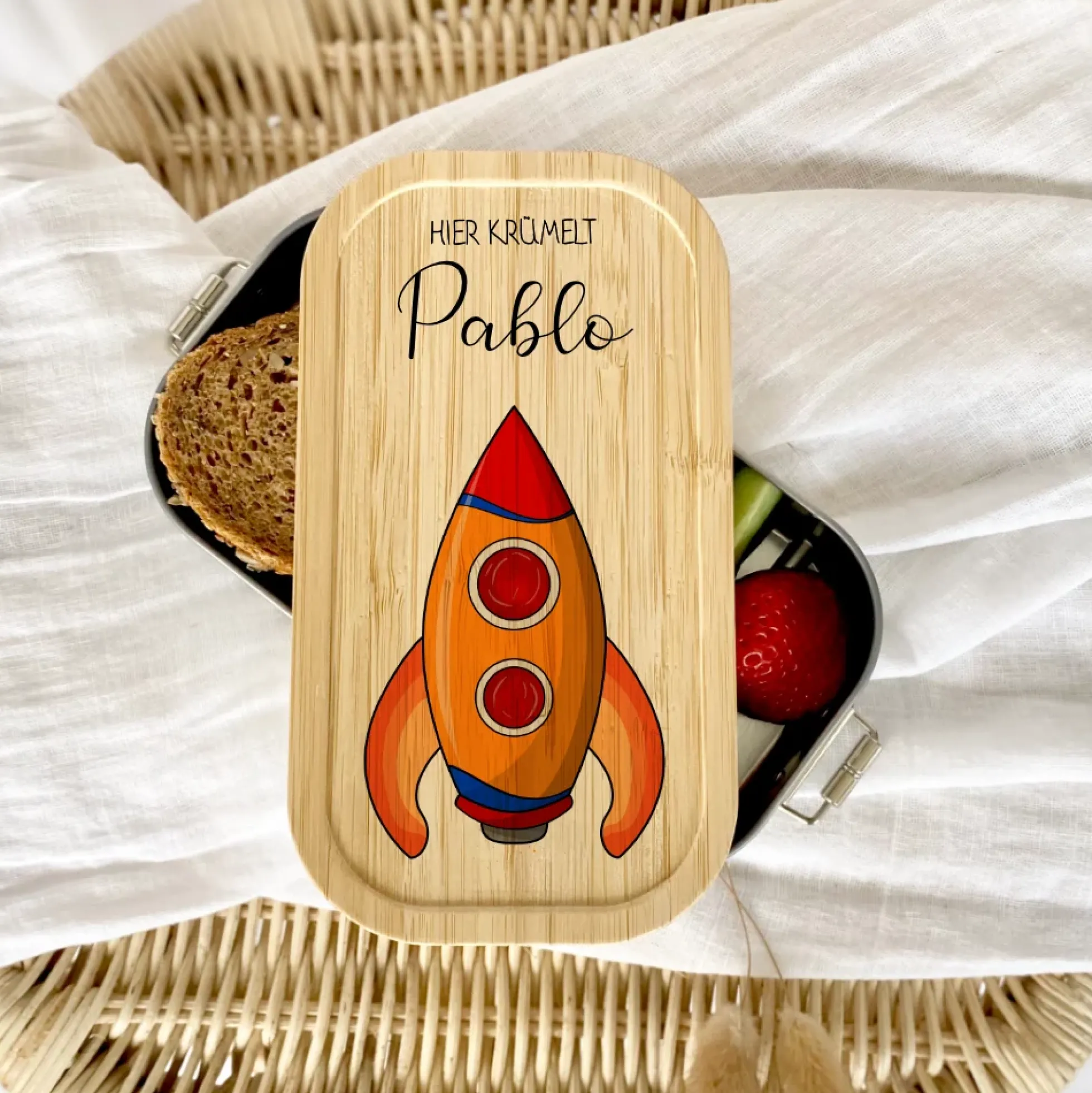 Lunchbox "Rakete" wählbar in Edelstahl mit Bambusdeckel und Namen für Kinder | Brotdose mit Weltall Weltraum Motiv | Personalisiertes Geschenk für Kinder