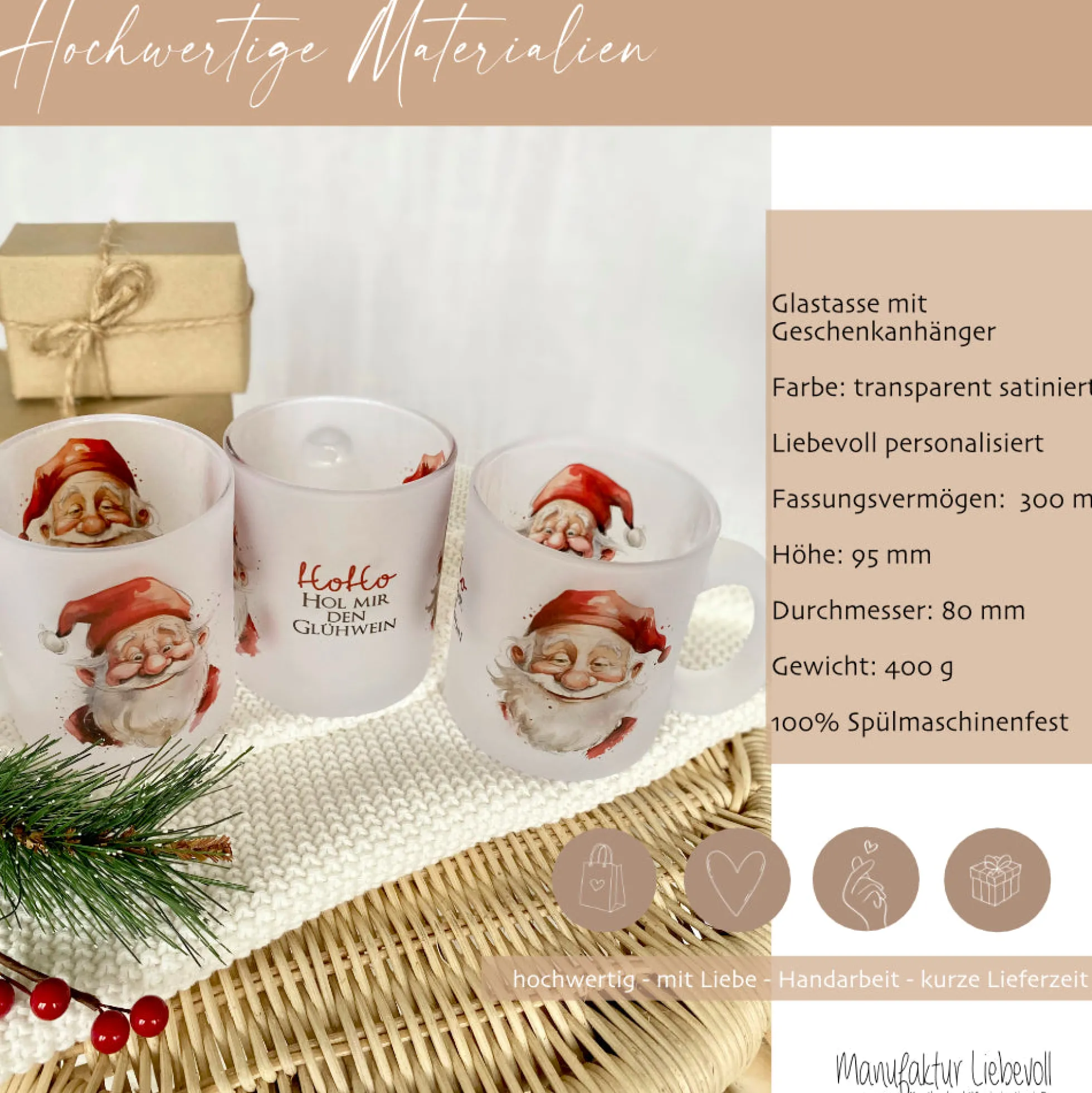 Lustige Glühweintasse aus Glas mit Spruch und Weihnachtsmännern