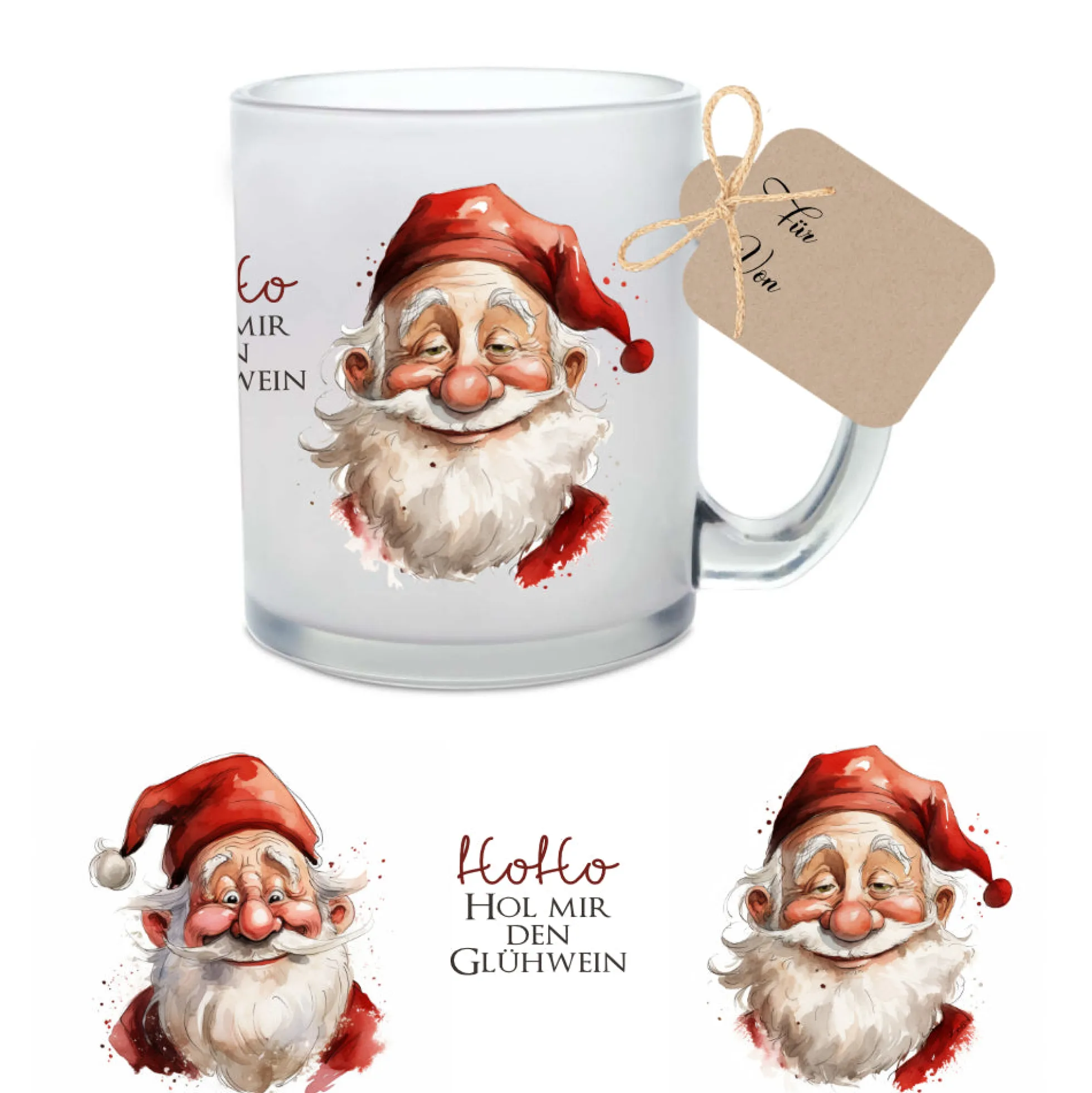 Lustige Glühweintasse aus Glas mit Spruch und Weihnachtsmännern