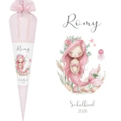 Meerjungfrau Schultüte für Mädchen rosa Zuckertüte mit Namen Einschulungstüte Einschulung Datum Füllkissen 70 cm I Optional mit Füllkissen und Spitzenschutz