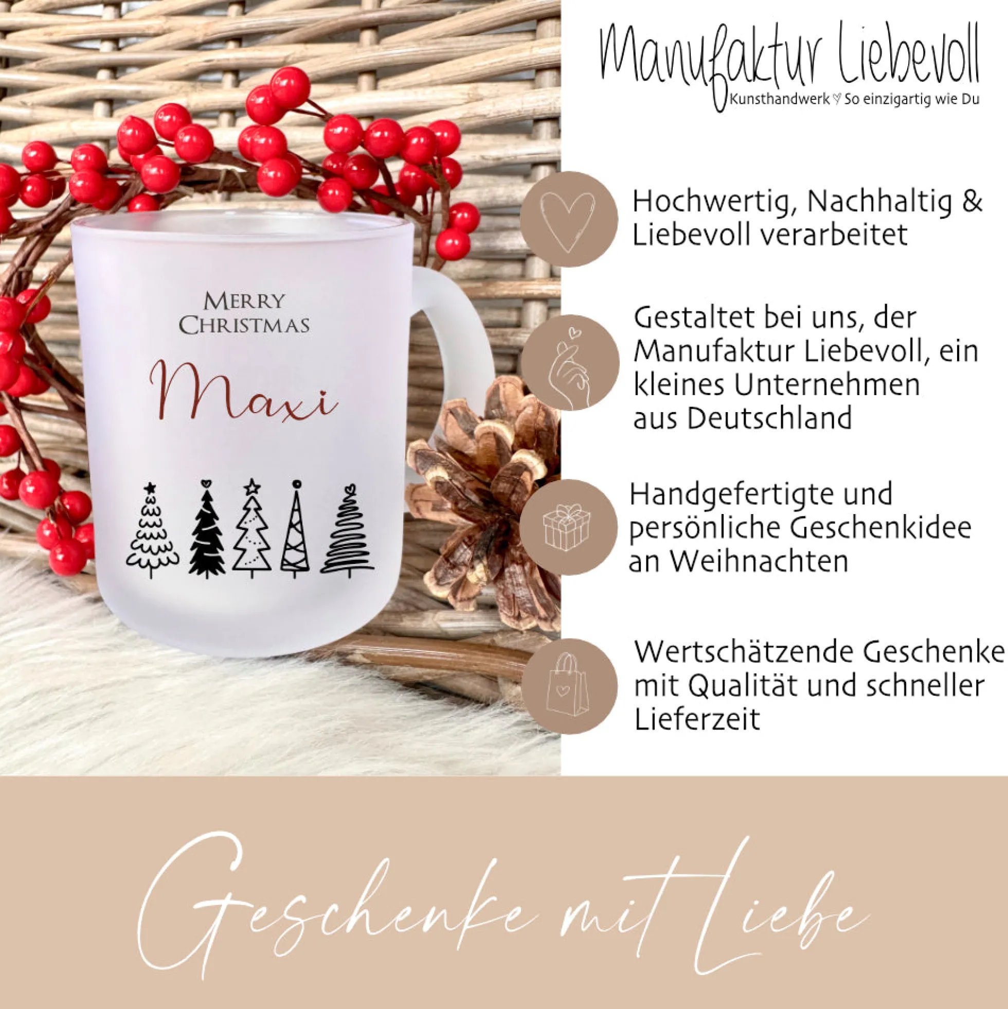 Merry Christmas Glasasse mit dem Namen personalisiert und Tannen gestaltet