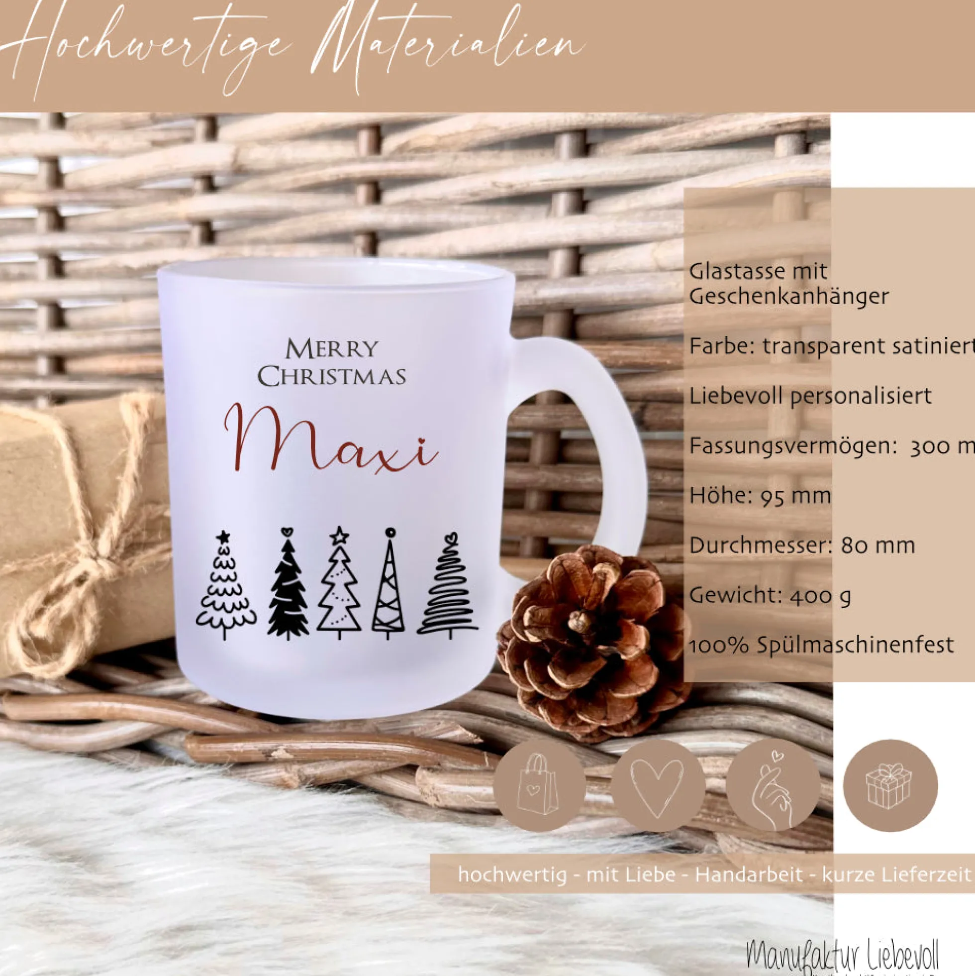 Merry Christmas Glasasse mit dem Namen personalisiert und Tannen gestaltet