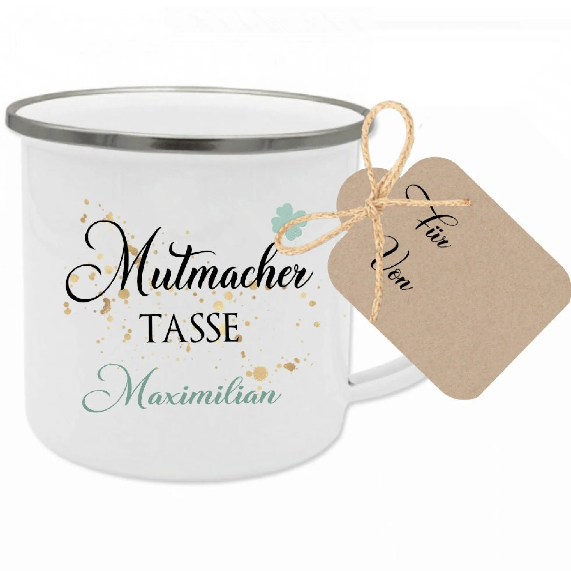 Mutmacher Tasse mit Kleeblatt und Namen | Personalisiertes Geschenk | Perfektes Geschenk zur Motivation | Emailletasse mit Geschenkanhänger zum Beschriften