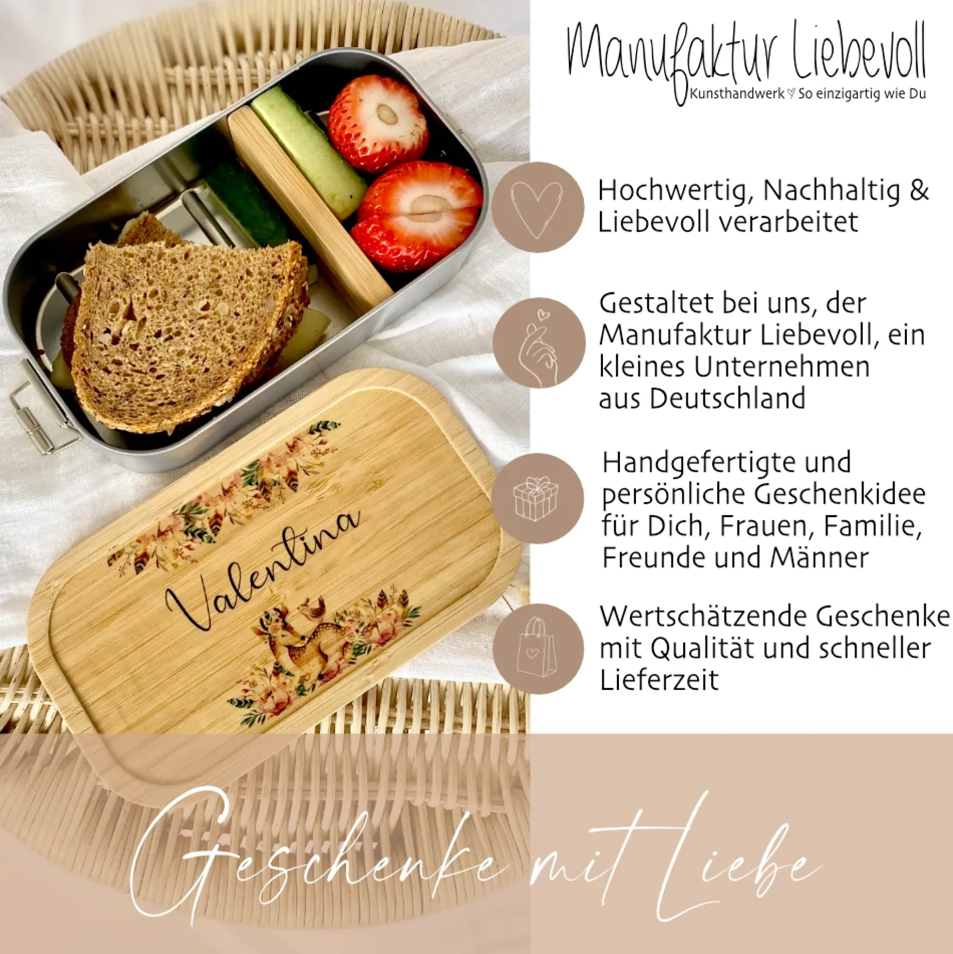 Nachhaltige Brotdose mit Bambus und Namen - Rehkitz | Wählbar in Edelstahl | Personalisiertes Geschenk für Mädchen