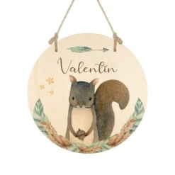 Namensschild "Eichhörnchen" für das Kinderzimmer | Personalisiertes Türschild für Mädchen u. Jungen | 11 weitere Motivvarianten als Geschenk zur Auswahl