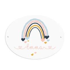 Namensschild für das Kinderzimmer | Ovales Schild für Mädchen u. Jungen | Personalisiert mit dem Namen und einen Regenbogen | 2 Farbvarianten zur Auswahl