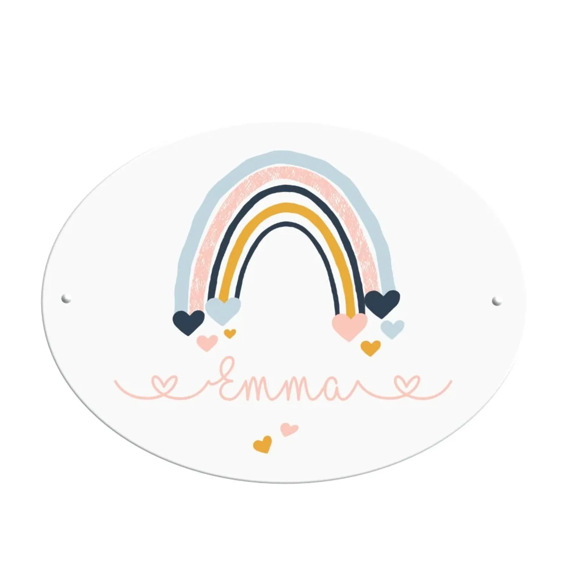 Namensschild für das Kinderzimmer | Ovales Schild für Mädchen u. Jungen | Personalisiert mit dem Namen und einen Regenbogen | 2 Farbvarianten zur Auswahl