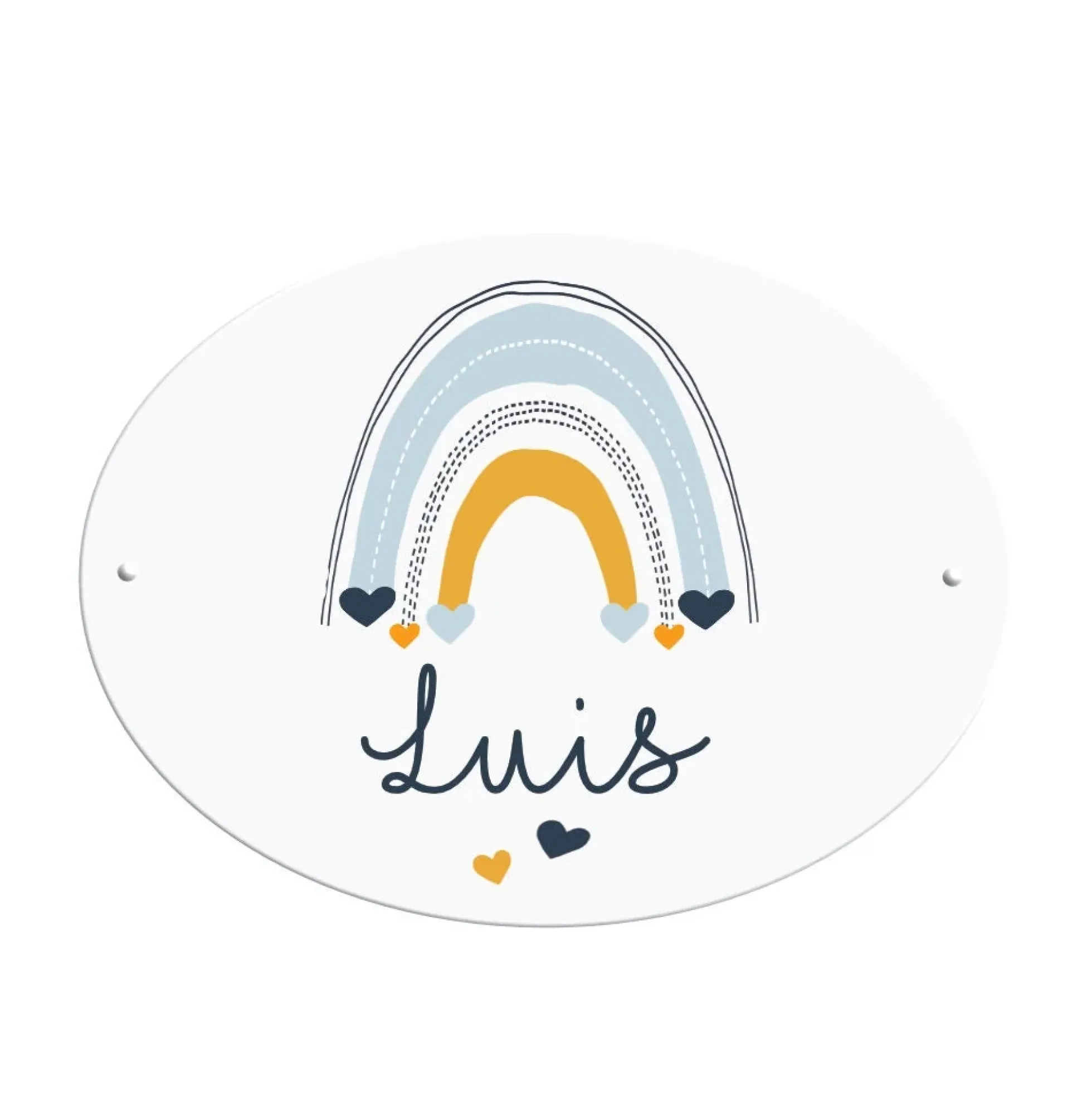 Namensschild für das Kinderzimmer | Ovales Schild für Mädchen u. Jungen | Personalisiert mit dem Namen und einen Regenbogen | 2 Farbvarianten zur Auswahl