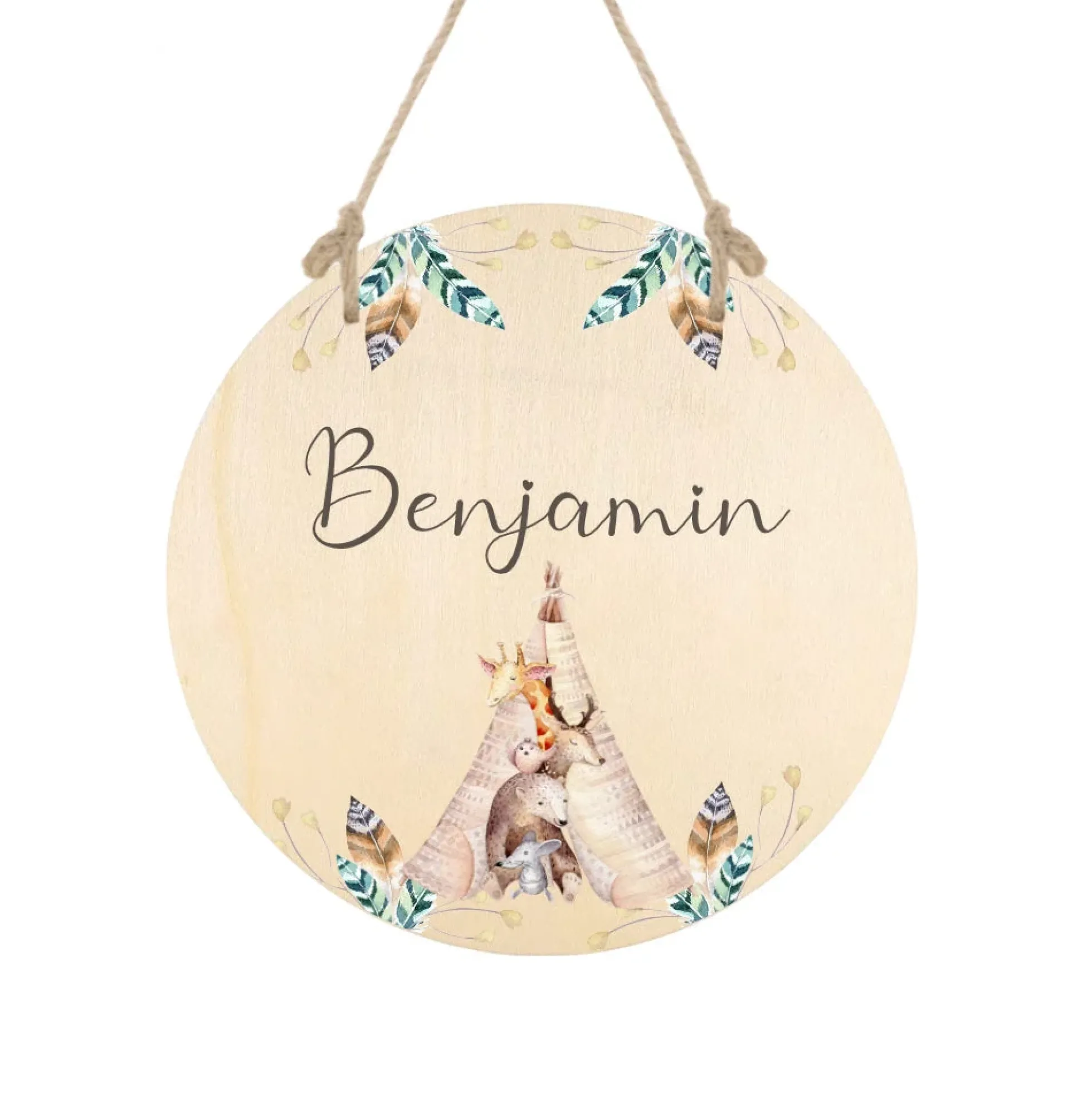 Namensschild mit Tippi und Tiermotiven für Jungen | Schöne Dekoidee für die Tür zum Babyzimmer | Persönliches Holzschild mit dem Namen des Jungen personalisiert | 4 Varianten zur Auswahl