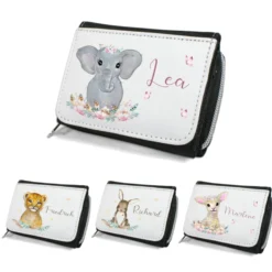 Niedliche Geldbörse für Kinder mit Tiermotiv u. Name | Kinderportemonnaie mit Wunschname u. Tierbaby | 4 Motivvarianten zur Auswahl | Elefant, Löwe, Hase, Schaf