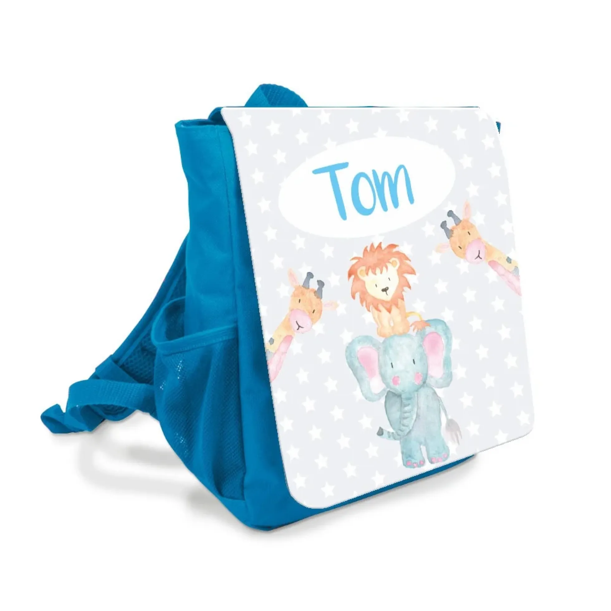 Niedlicher Rucksack für Jungen mit "Tieren aus dem Zoo" gestaltet | Personalisierter Kinderrucksack in Blau | Originelles Geschenk für 2-5 jährige Kinder