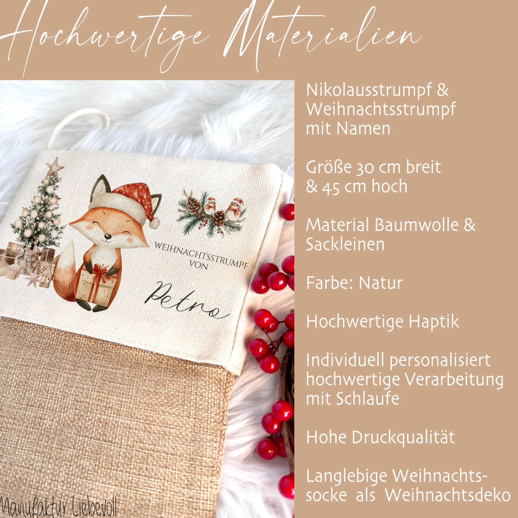 Nikolausstrumpf Nikolausstiefel personalisiert Kinder Weihnachtsstrumpf Fuchs Mädchen Jungen Name Weihnachtsstiefel Nikolaussocke