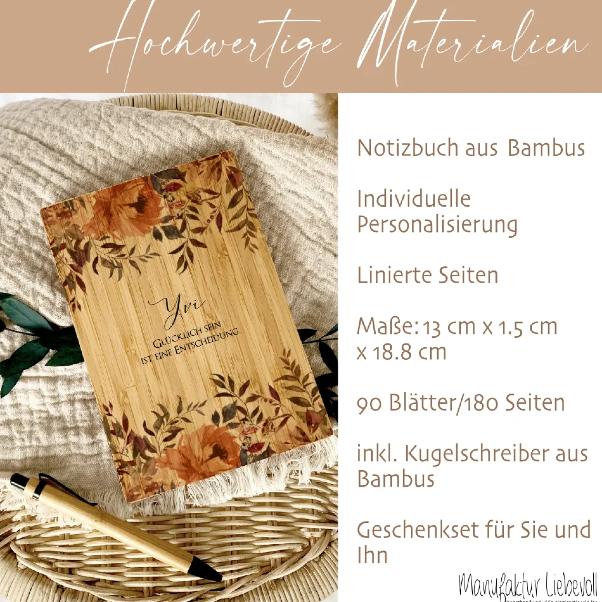 Notizbuch "Glücklich sein" mit Namen und Blumen | Personalisiertes Buch aus Bambus und Kugelschreiber | Persönliche Geschenkidee für Sie