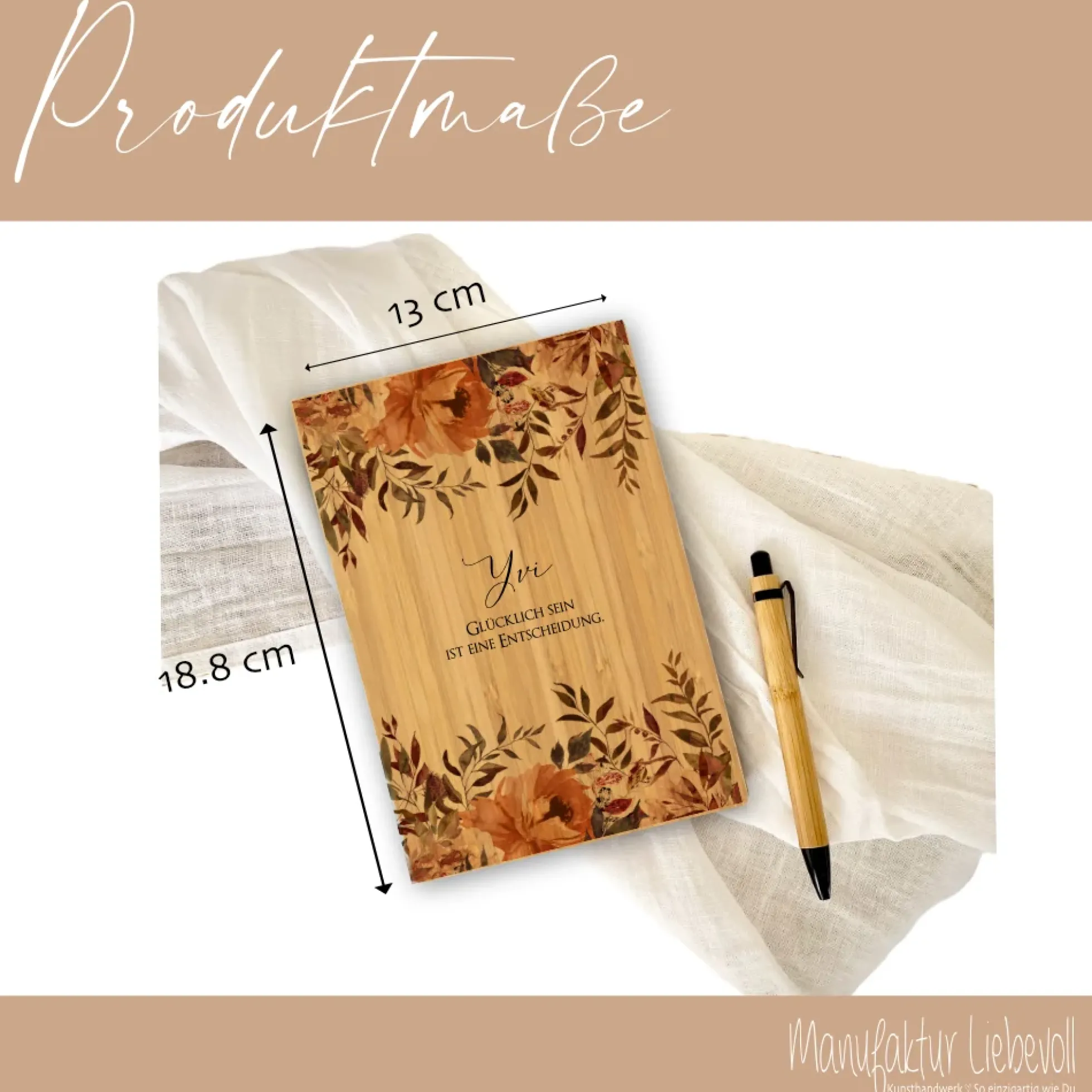 Notizbuch "Glücklich sein" mit Namen und Blumen | Personalisiertes Buch aus Bambus und Kugelschreiber | Persönliche Geschenkidee für Sie