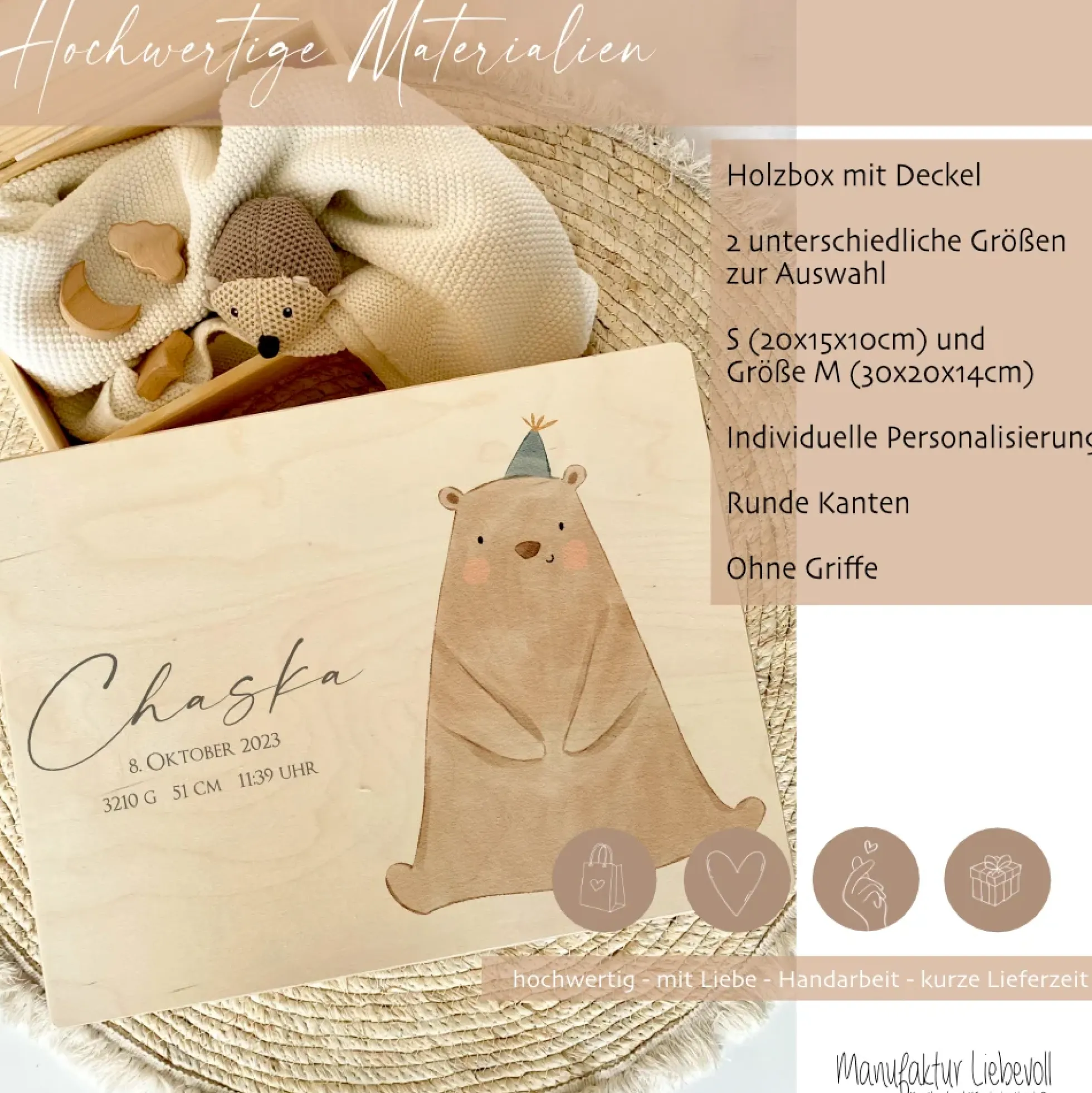 Personalisierte Aufbewahrungskiste für Kinder, Erinnerungsbox aus Holz mit dem Namen u. Geburtsdaten | Motiv: Bär