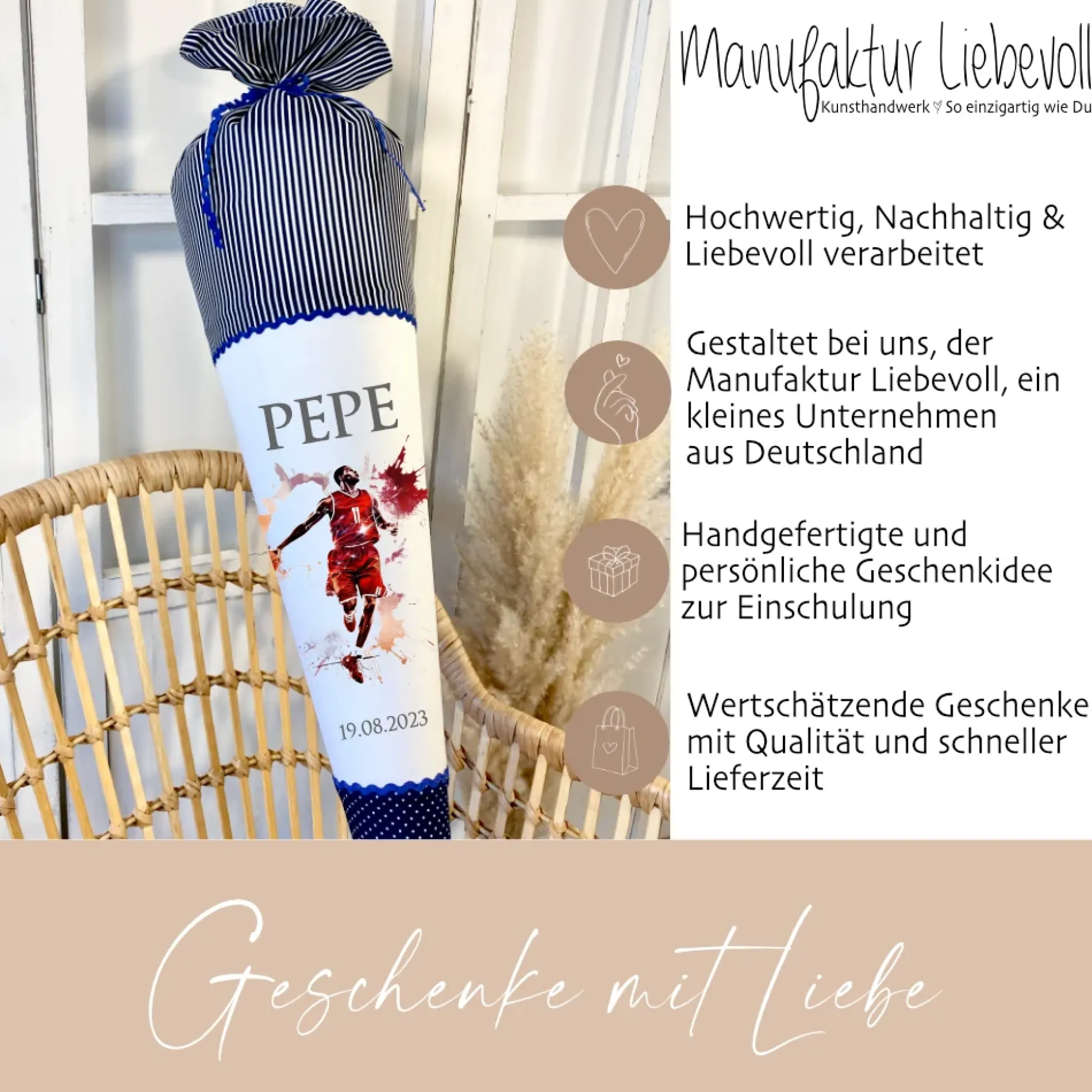 Personalisierte blaue Basketball Stoff Schultüte für Jungen Ball Sport Name Datum Einschulungsdatum Zuckertüte Füllkissen 70 cm | Manufaktur Liebevoll | Optional mit Füllkissen und Spitzenschutz