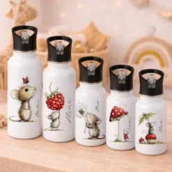 Personalisierte Edelstahl-Trinkflasche mit Strohhalm – Süße Maus-Motive & Wunschname – 400ml / 500ml / 600ml