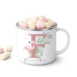 Personalisierte Emaille Tasse mit Namen & Buchstabe – Süße Safari Motive im Boho-Stil – Bruchsicherer Kinderbecher 300ml