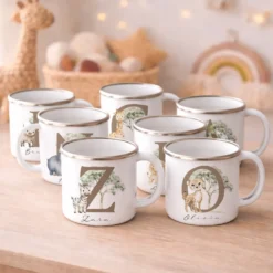 Personalisierte Emaille Tasse mit Namen & Buchstabe – Süße Safari Motive im Boho-Stil – Bruchsicherer Kinderbecher 300ml
