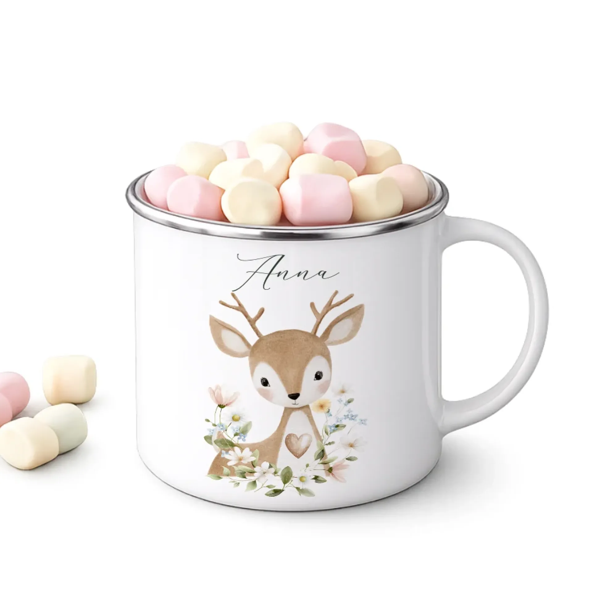 Personalisierte Emaille Tasse mit Namen – Süße Waldtiere Motive im Boho-Stil – Kinderbecher / Campingbecher 300ml