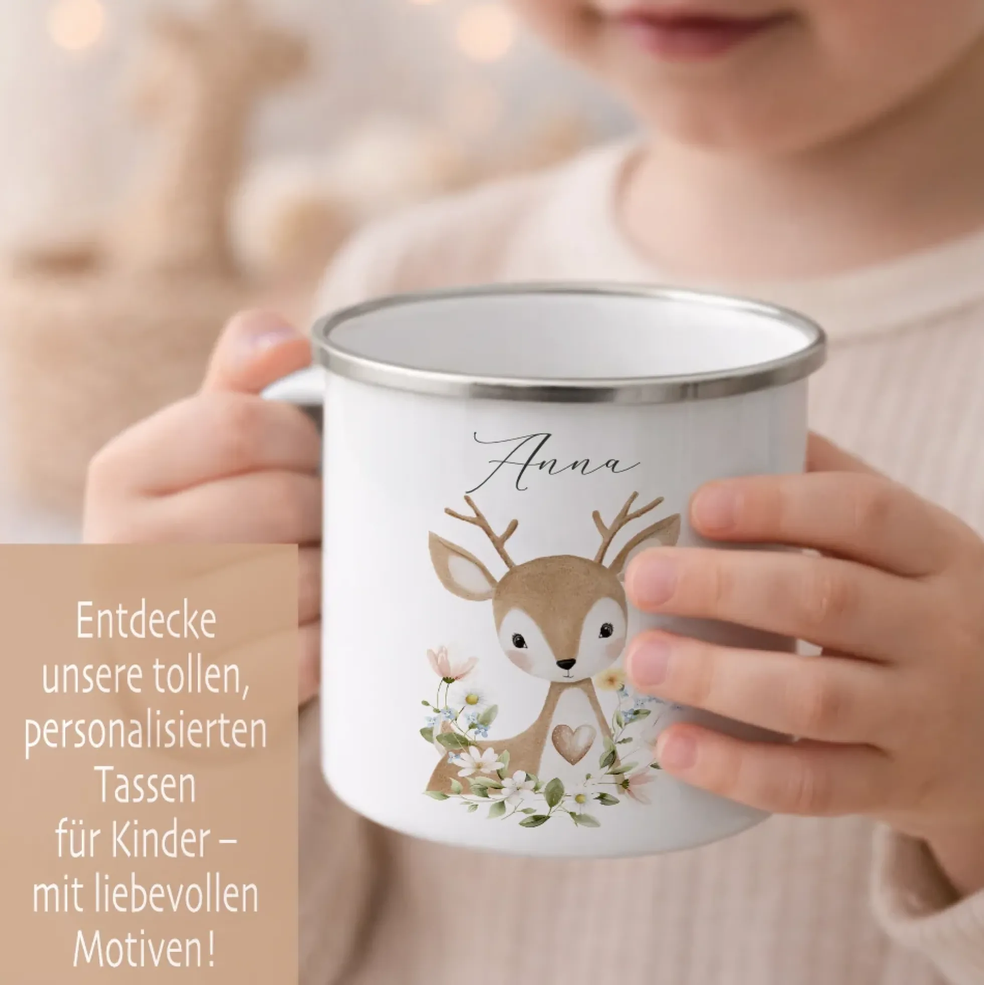 Personalisierte Emaille Tasse mit Namen – Süße Waldtiere Motive im Boho-Stil – Kinderbecher / Campingbecher 300ml