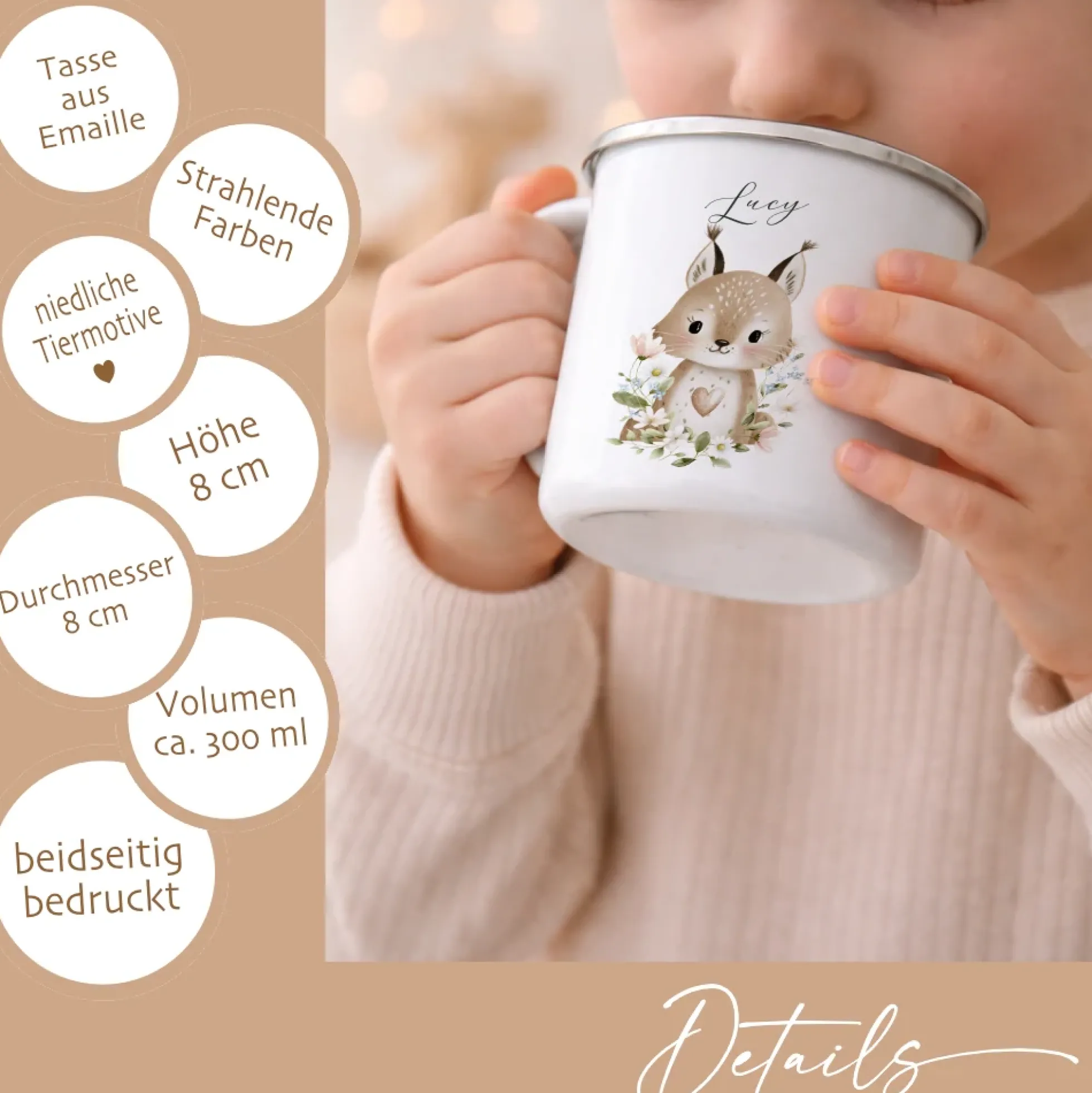 Personalisierte Emaille Tasse mit Namen – Süße Waldtiere Motive im Boho-Stil – Kinderbecher / Campingbecher 300ml