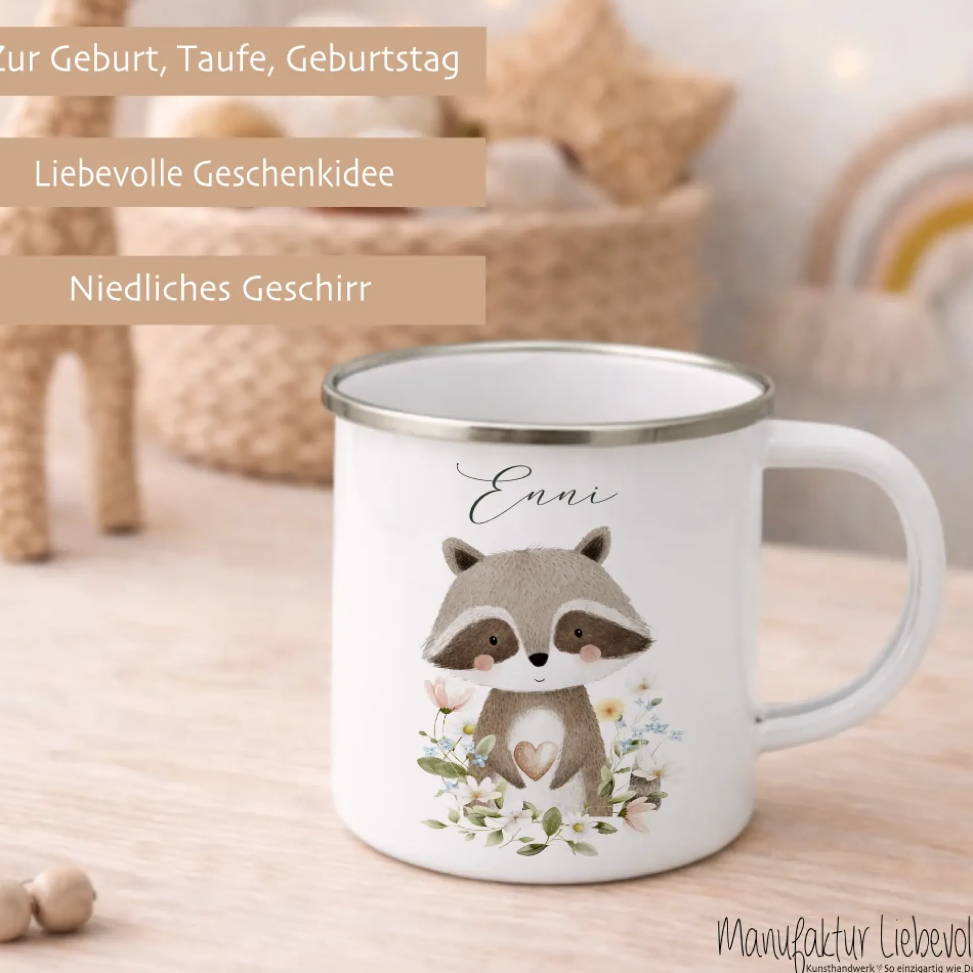 Personalisierte Emaille Tasse mit Namen – Süße Waldtiere Motive im Boho-Stil – Kinderbecher / Campingbecher 300ml