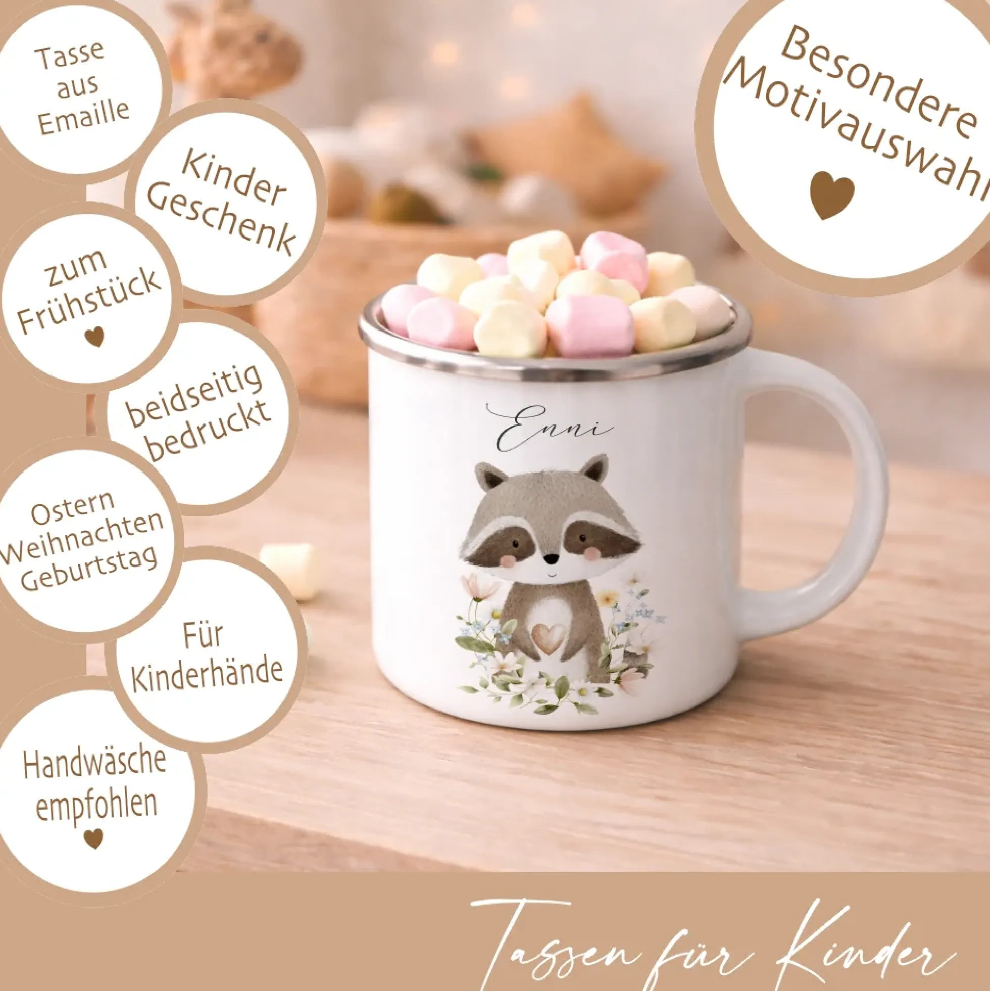 Personalisierte Emaille Tasse mit Namen – Süße Waldtiere Motive im Boho-Stil – Kinderbecher / Campingbecher 300ml