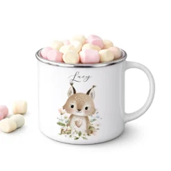 Personalisierte Emaille Tasse mit Namen – Süße Waldtiere Motive im Boho-Stil – Kinderbecher / Campingbecher 300ml
