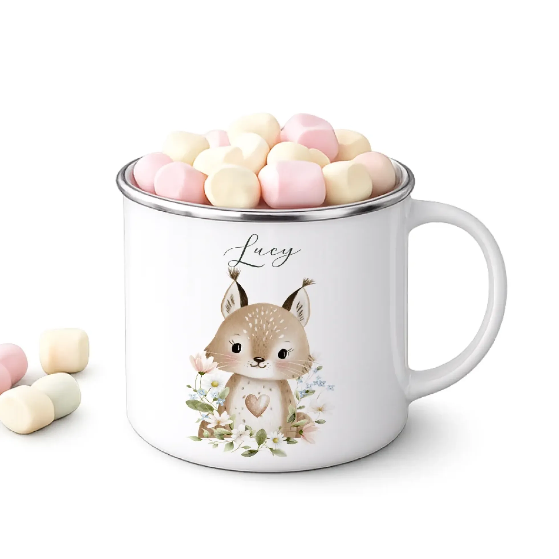 Personalisierte Emaille Tasse mit Namen – Süße Waldtiere Motive im Boho-Stil – Kinderbecher / Campingbecher 300ml