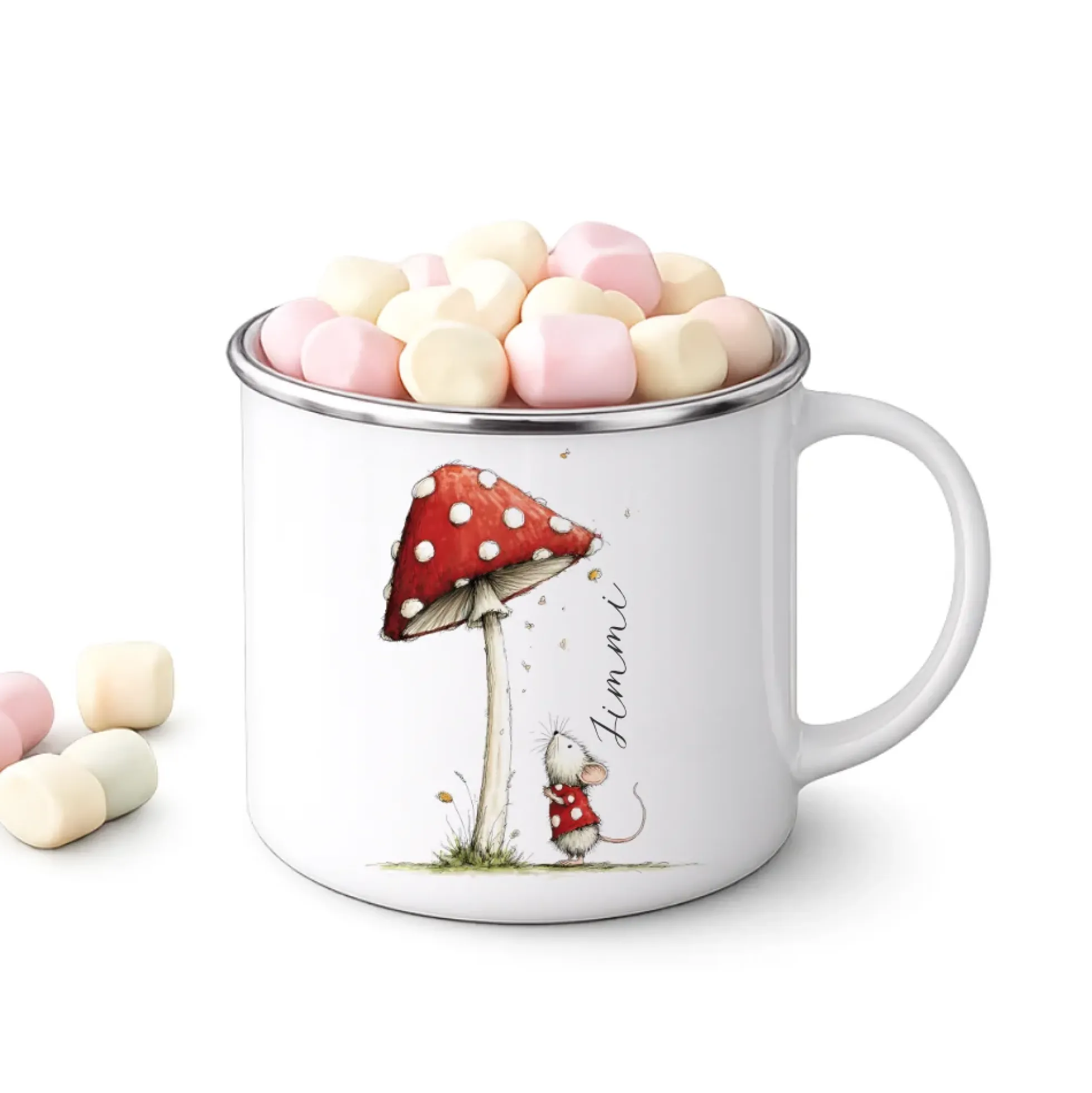 Personalisierte Emaille Tasse für Kinder mit Namen – Süße Maus Motive im Boho-Stil