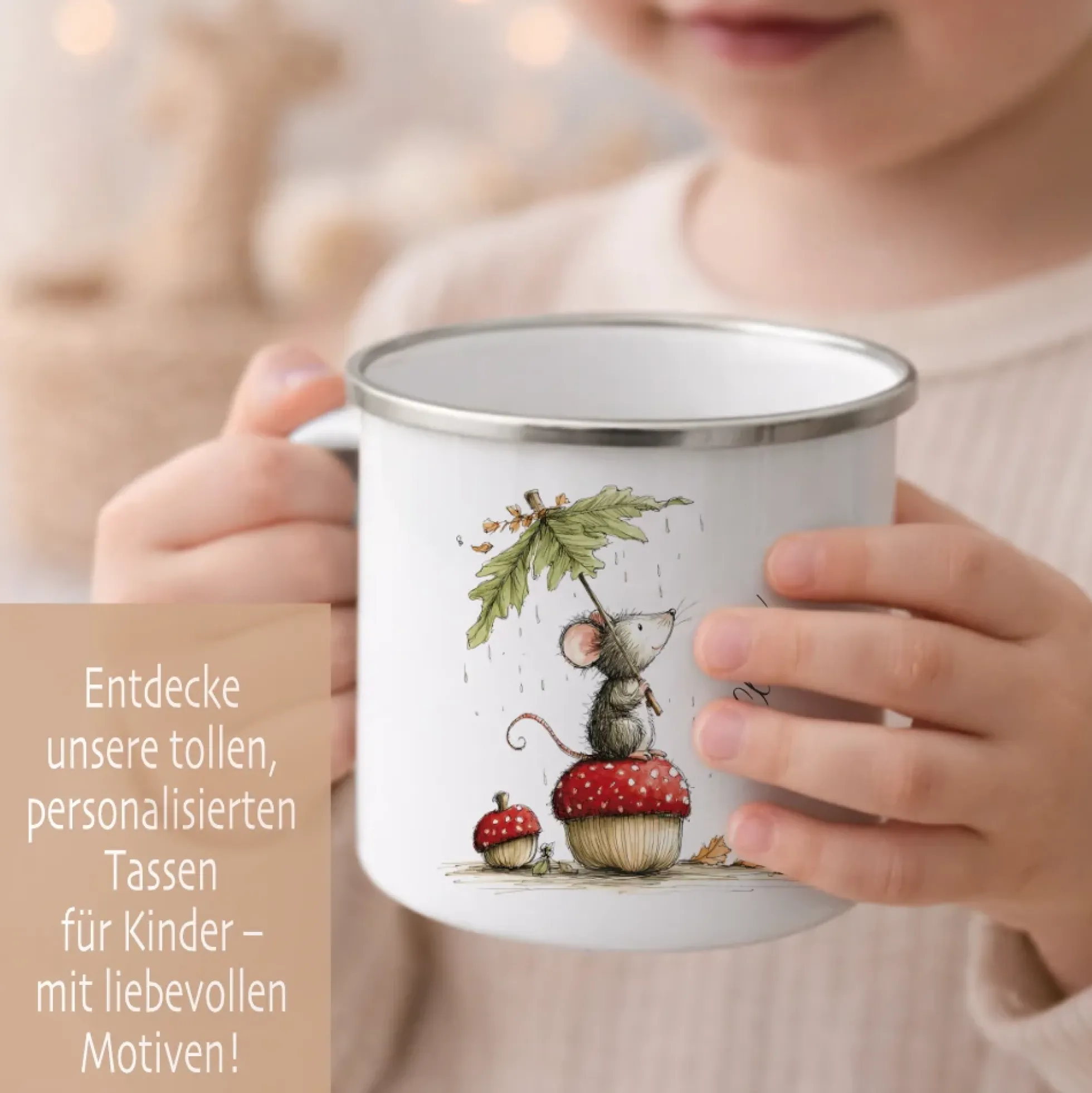 Personalisierte Emaille Tasse für Kinder mit Namen – Süße Maus Motive im Boho-Stil