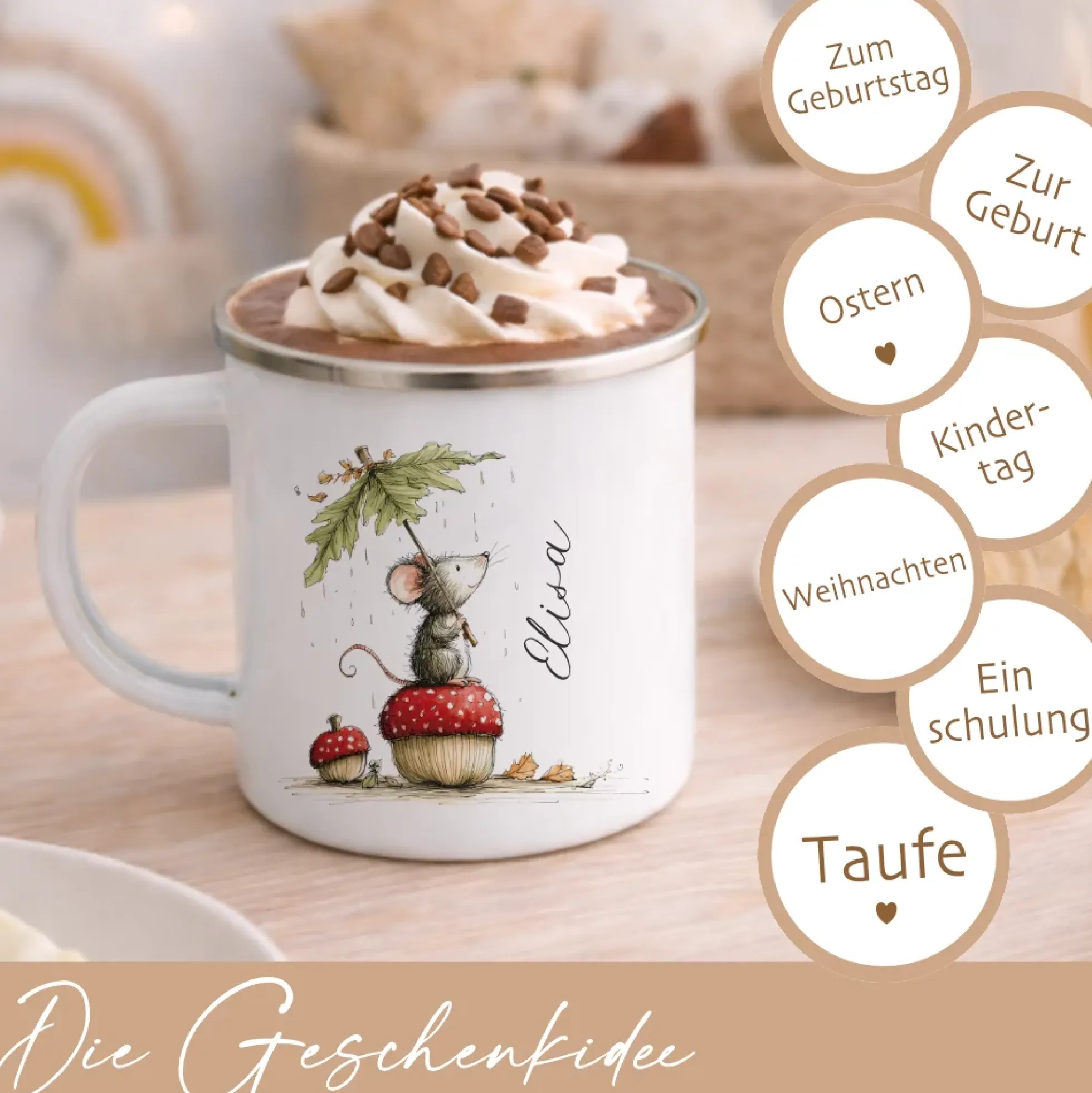 Personalisierte Emaille Tasse für Kinder mit Namen – Süße Maus Motive im Boho-Stil