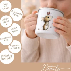 Personalisierte Emaille Tasse für Kinder mit Namen – Süße Maus Motive im Boho-Stil