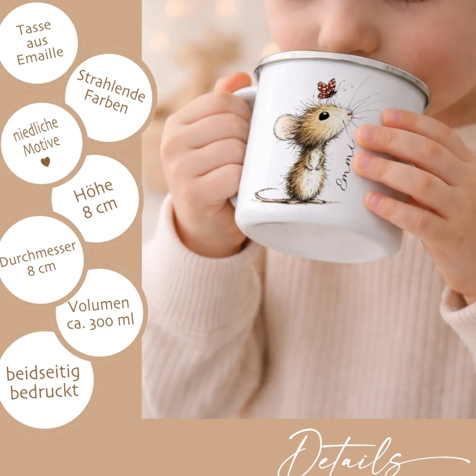 Personalisierte Emaille Tasse für Kinder mit Namen – Süße Maus Motive im Boho-Stil