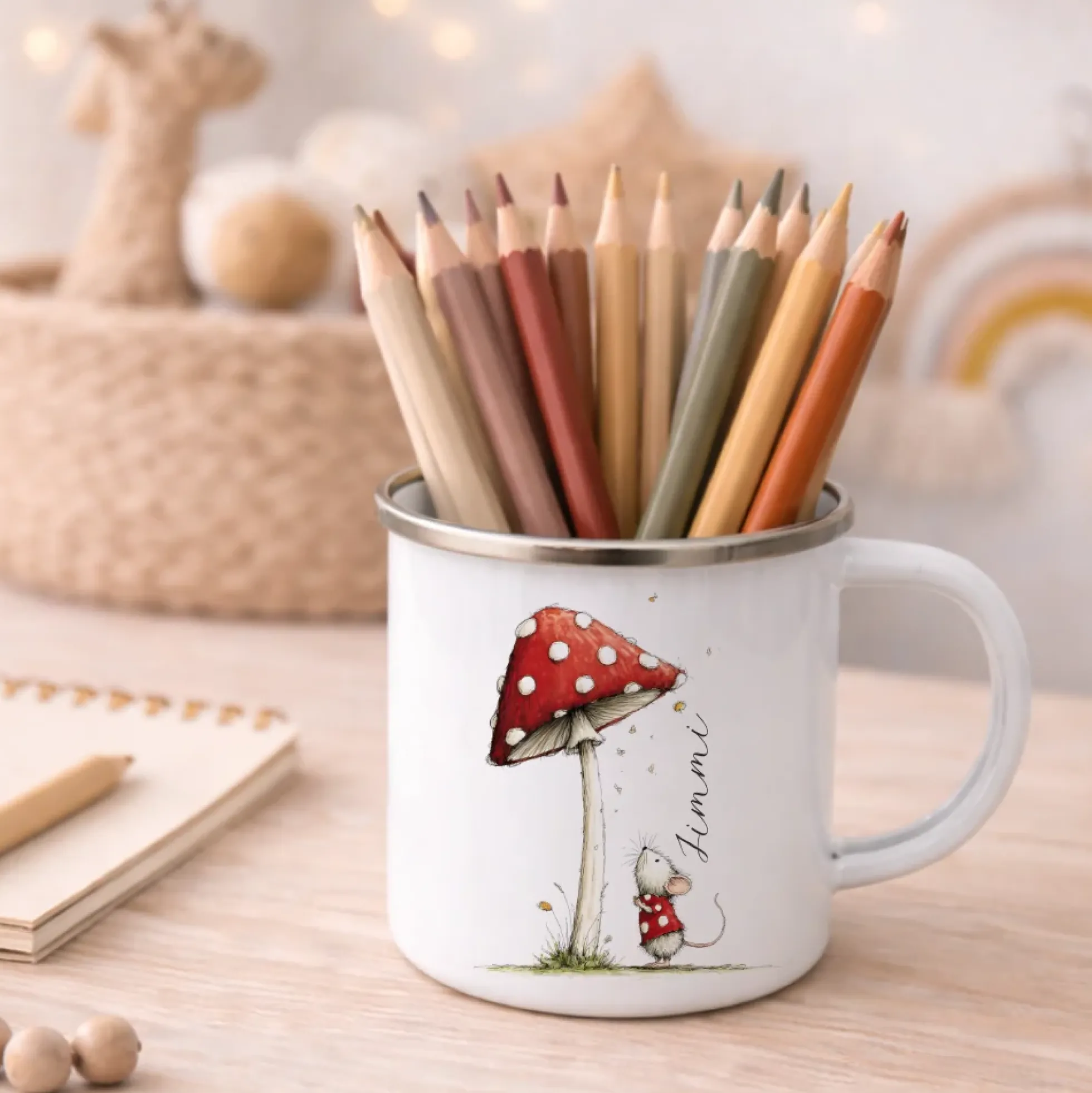 Personalisierte Emaille Tasse für Kinder mit Namen – Süße Maus Motive im Boho-Stil