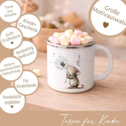Personalisierte Emaille Tasse für Kinder mit Namen – Süße Maus Motive im Boho-Stil