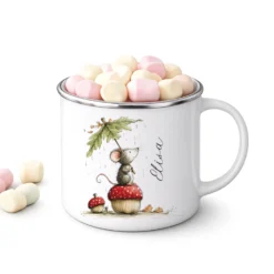 Personalisierte Emaille Tasse für Kinder mit Namen – Süße Maus Motive im Boho-Stil
