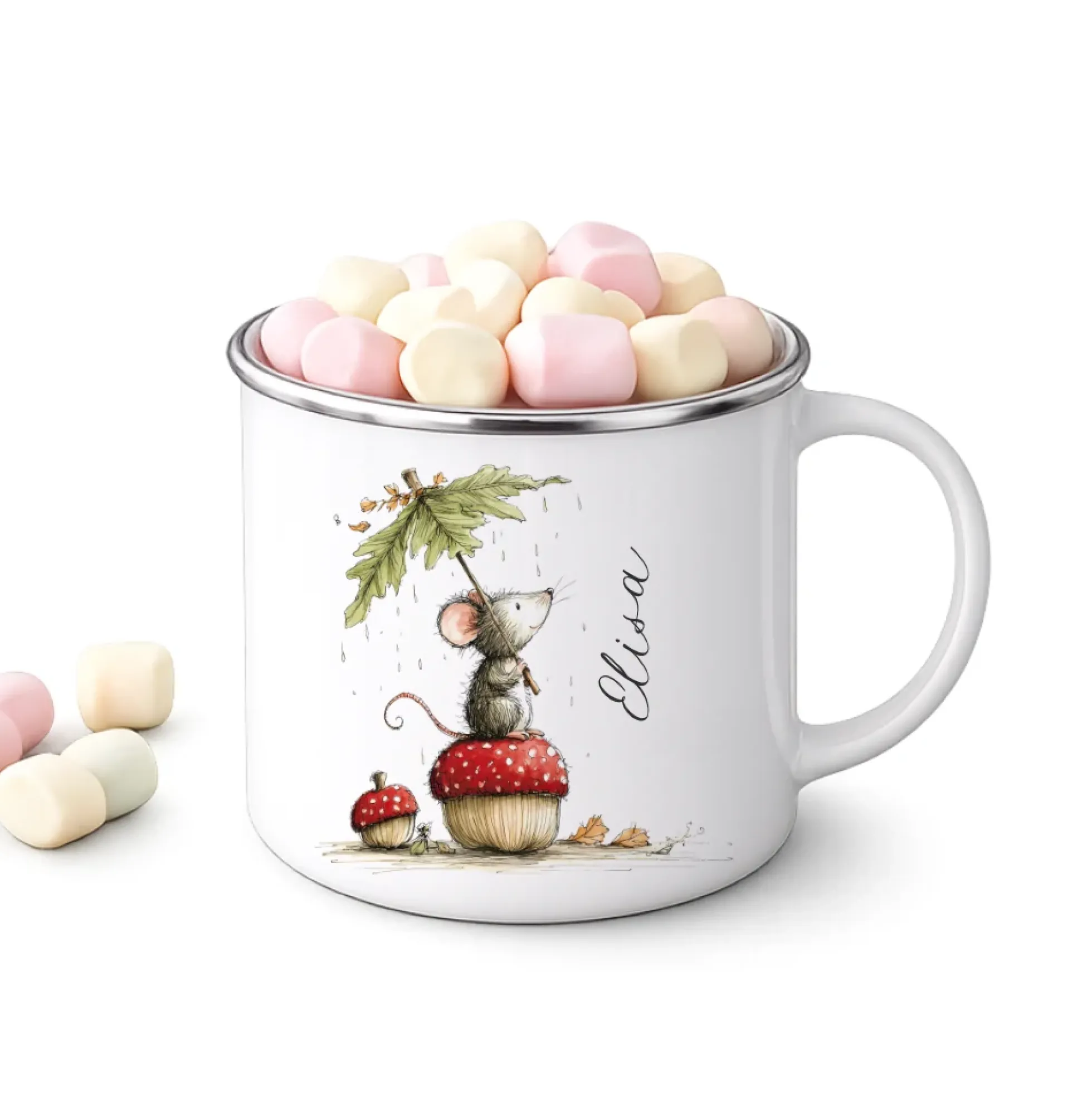 Personalisierte Emaille Tasse für Kinder mit Namen – Süße Maus Motive im Boho-Stil
