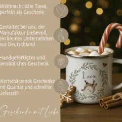 Personalisierte Emaille Tasse Weihnachten mit Namen – Kinder Becher Rentier & Herz Motiv – Geschenkidee Advent, Nikolaus, Weihnachtsgeschenk