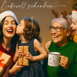 Personalisierte Emaille Tasse Weihnachten mit Namen – Kinder Becher Rentier & Herz Motiv – Geschenkidee Advent, Nikolaus, Weihnachtsgeschenk